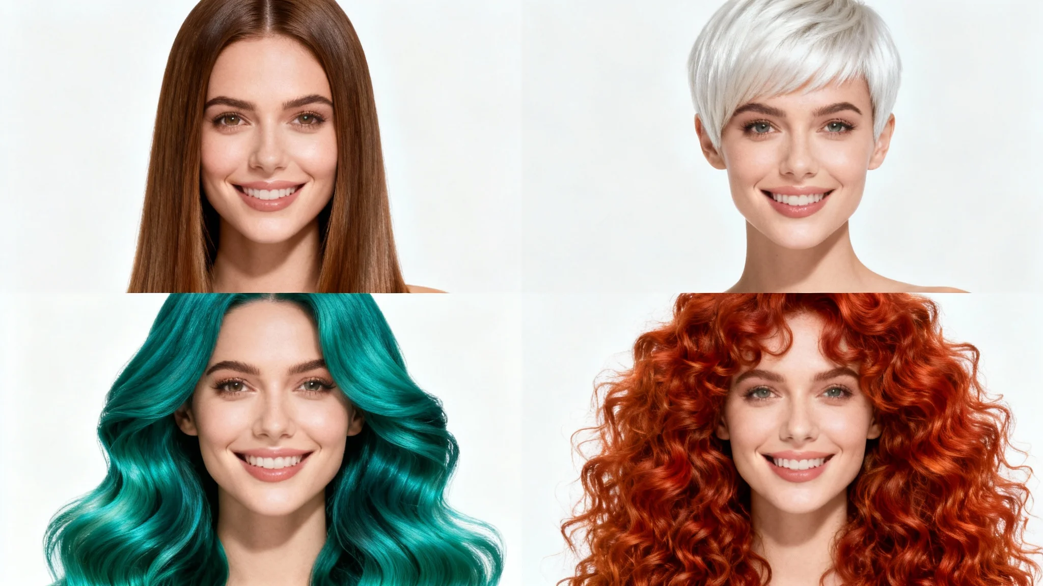 A collage showing the same woman with four different hairstyles, demonstrating the capabilities of a hair editor. The styles include long brown hair, a short blonde pixie cut, wavy teal hair, and curly red hair.