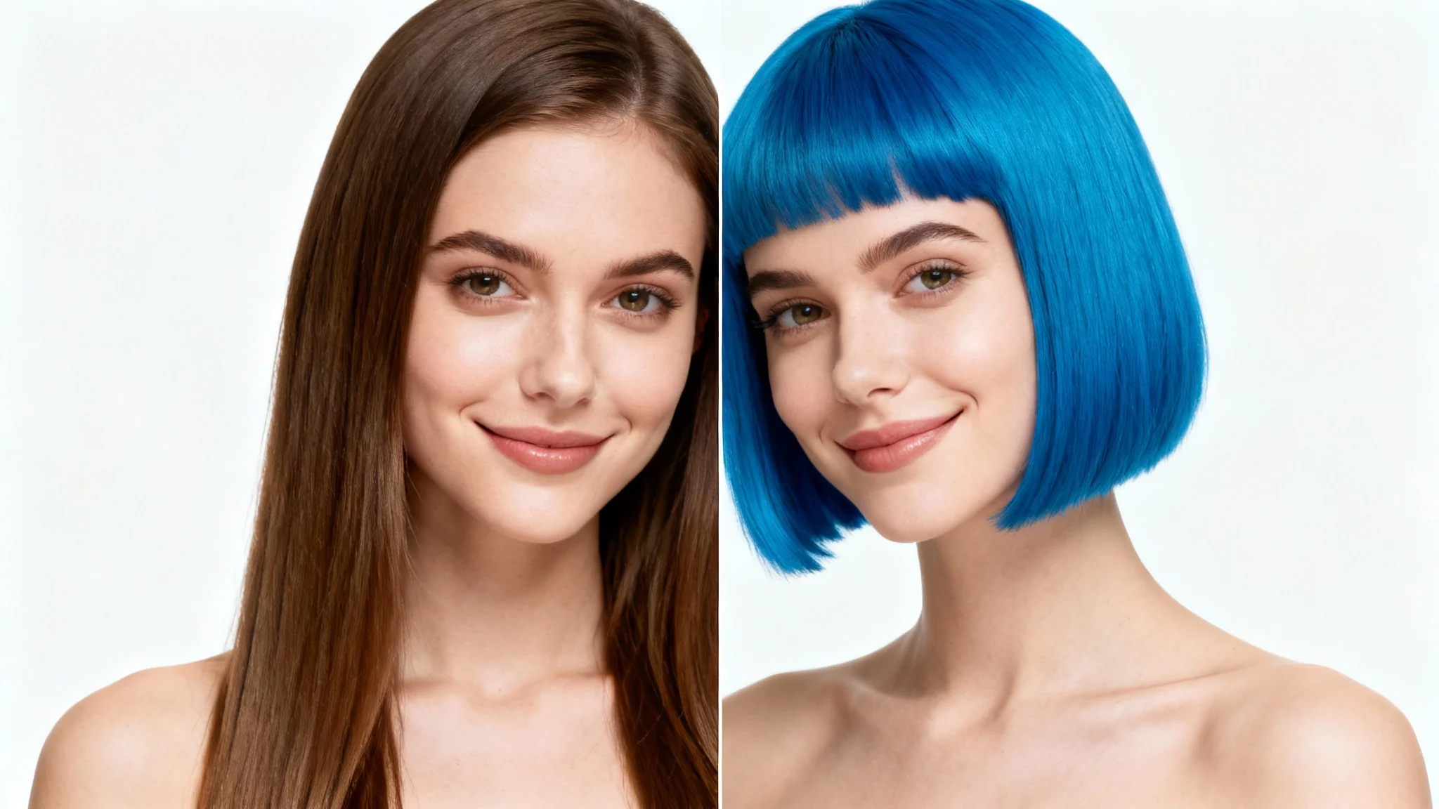 A before-and-after style image showing a woman with long brown hair on the left and the same woman with a short, vibrant blue bob on the right, illustrating a hair editor's capability.