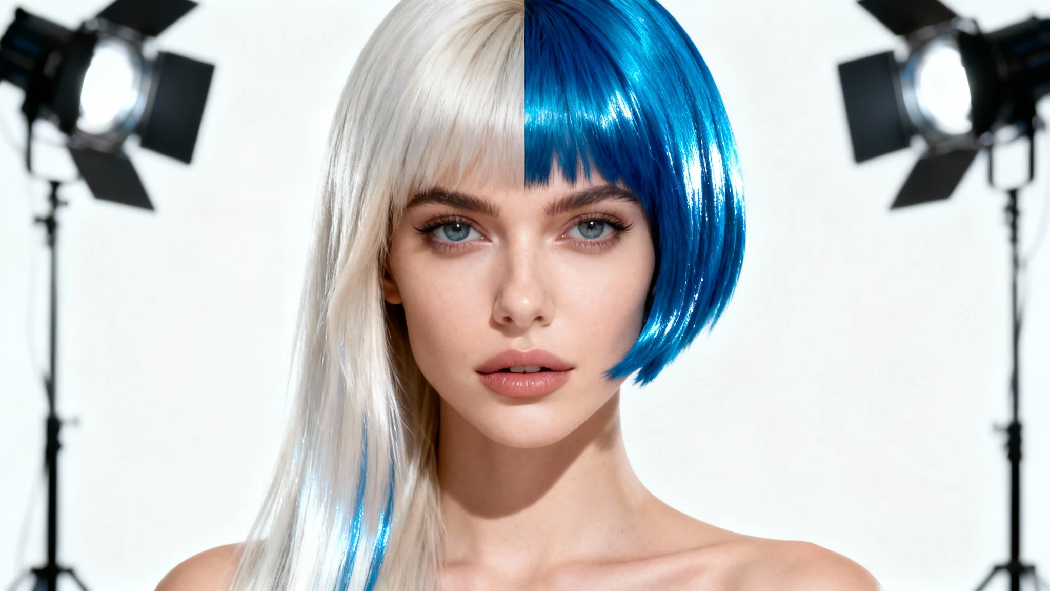 A studio portrait of a woman showcasing two different hairstyles at once: the left side shows long, straight platinum blonde hair, while the right side shows a short, vibrant electric blue pixie cut, against a plain white background.
