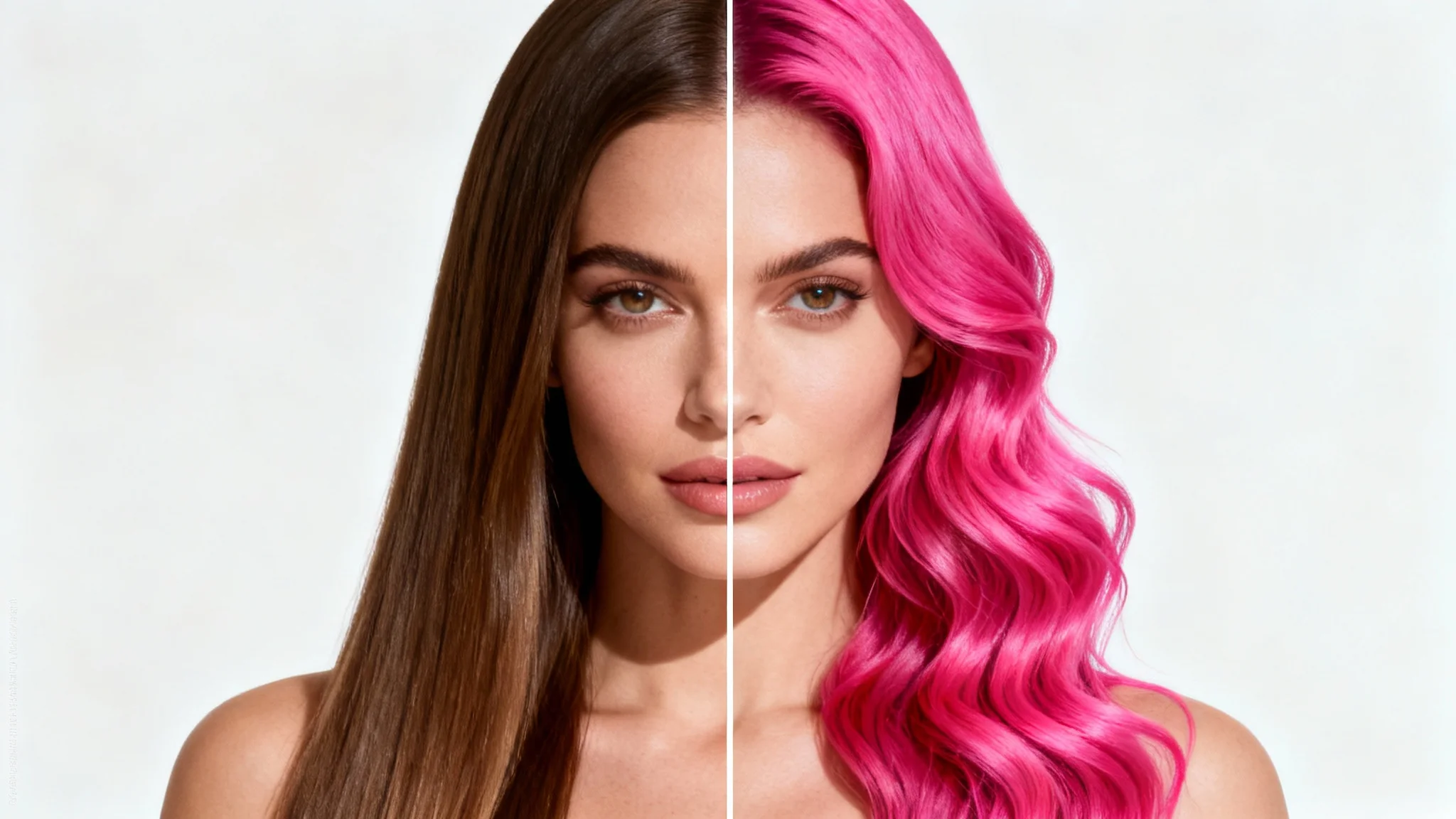 A split-screen style portrait of a woman demonstrating a hair editor. The left side shows her with straight brown hair, while the right side shows her with wavy, vibrant pink hair.
