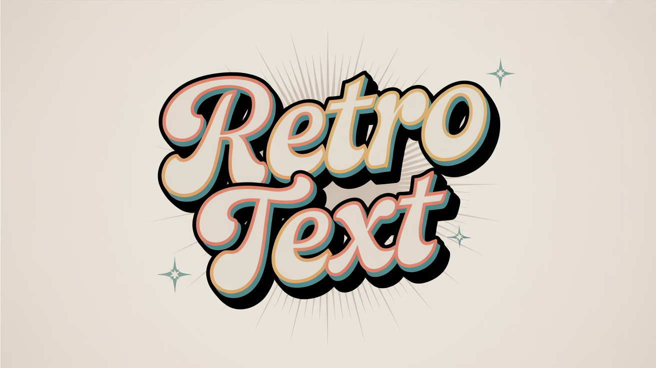 A polished graphic design featuring the words 'RETRO TEXT' in a bold, colorful 70s-style font. The text uses teal, coral, and yellow against a clean off-white background with subtle retro sunburst rays.