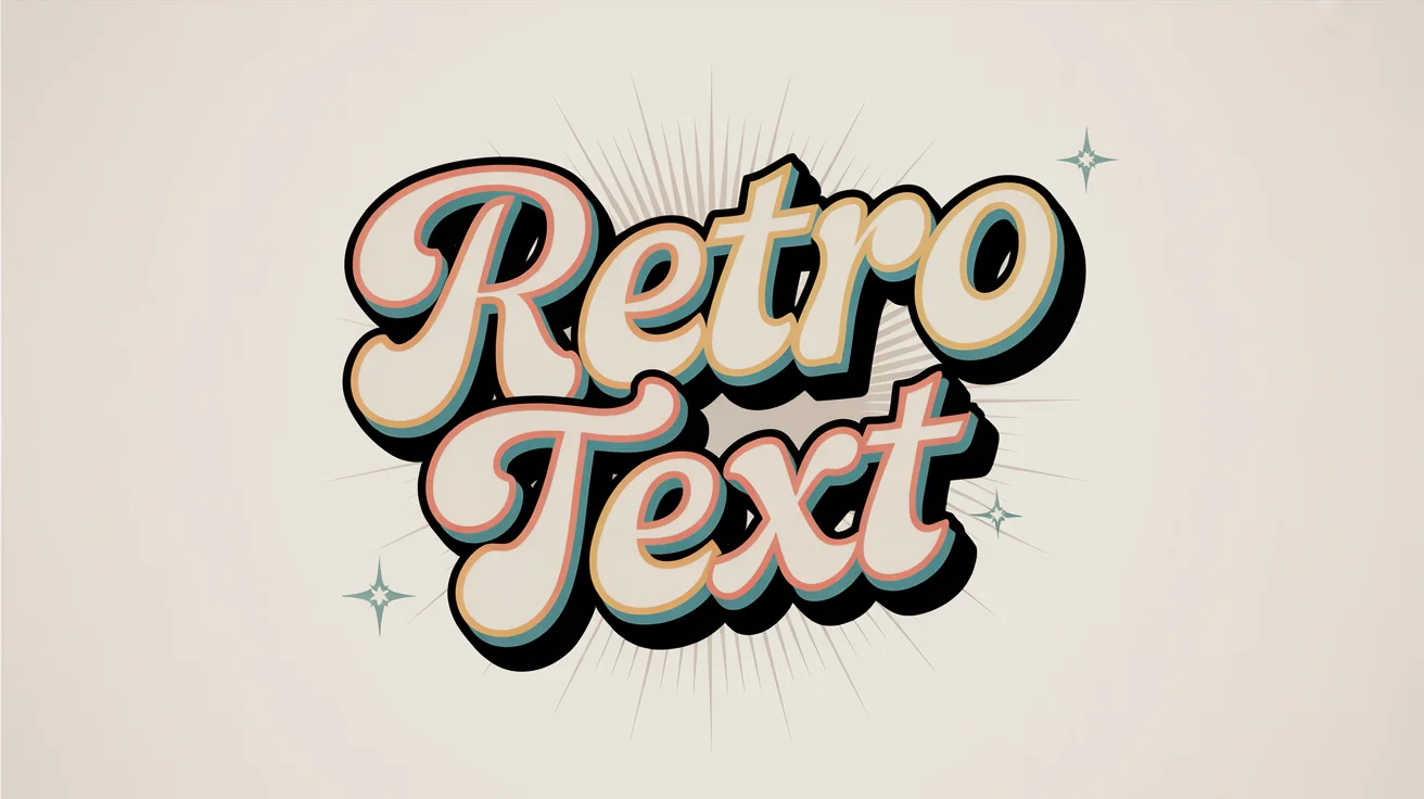 A polished graphic design featuring the words 'RETRO TEXT' in a bold, colorful 70s-style font. The text uses teal, coral, and yellow against a clean off-white background with subtle retro sunburst rays.