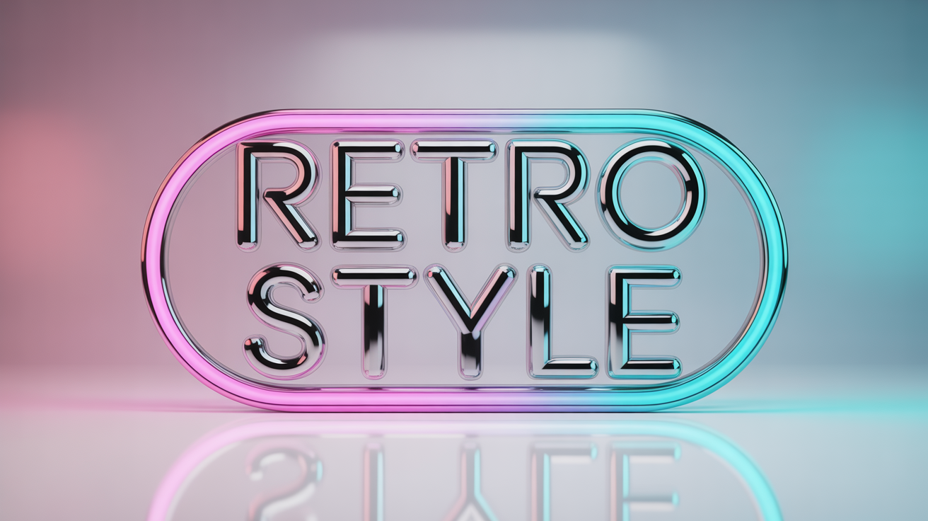 A 3D rendering of the text "RETRO STYLE" in a 1980s retro theme, featuring a chrome finish and bright pink and blue neon outlines, presented on a clean white background.