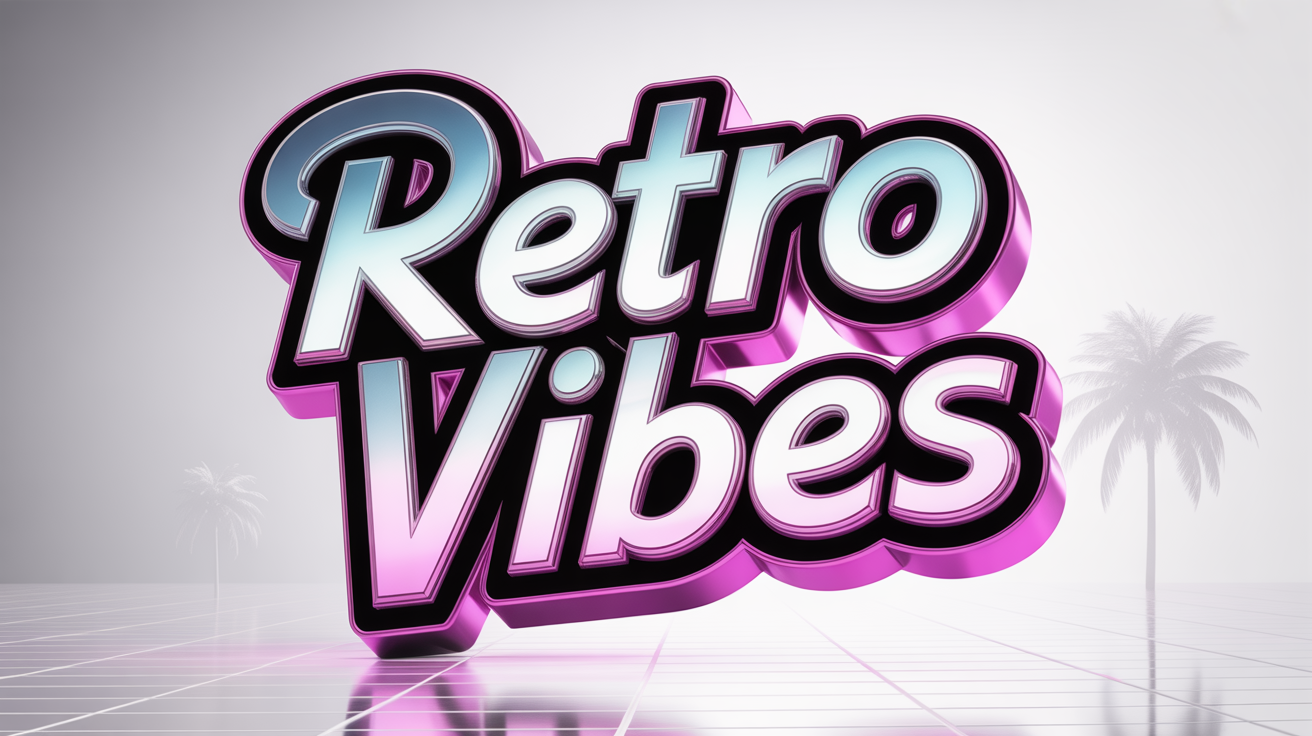 A mockup of a retro text effect showing the words 'RETRO VIBES' in a 3D chrome and neon pink style, isolated on a white background.
