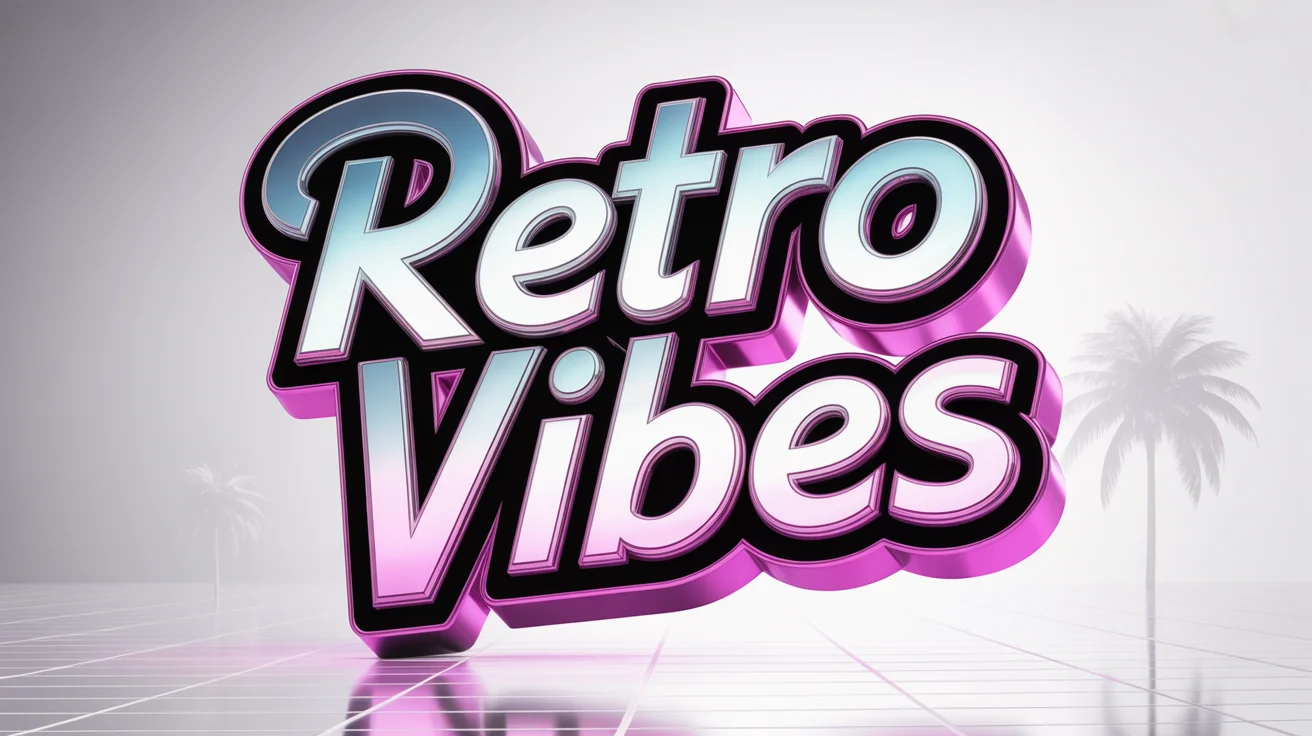 A mockup of a retro text effect showing the words 'RETRO VIBES' in a 3D chrome and neon pink style, isolated on a white background.