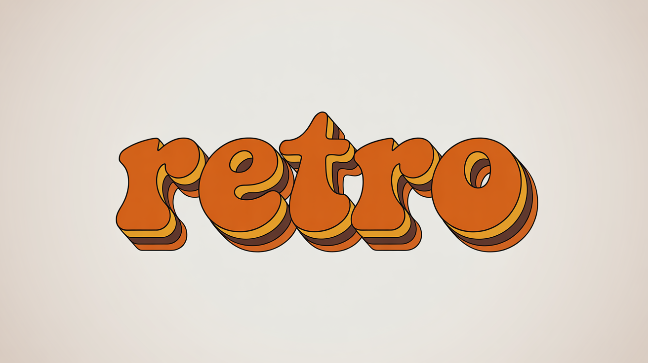 A graphic design of the word 'RETRO' in a bubbly, 3D, 1970s style font with orange, yellow, and brown colors, set against a plain white background.