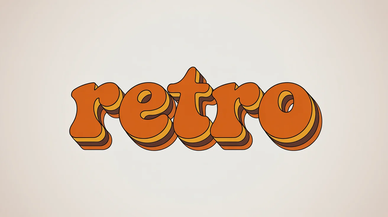 A graphic design of the word 'RETRO' in a bubbly, 3D, 1970s style font with orange, yellow, and brown colors, set against a plain white background.