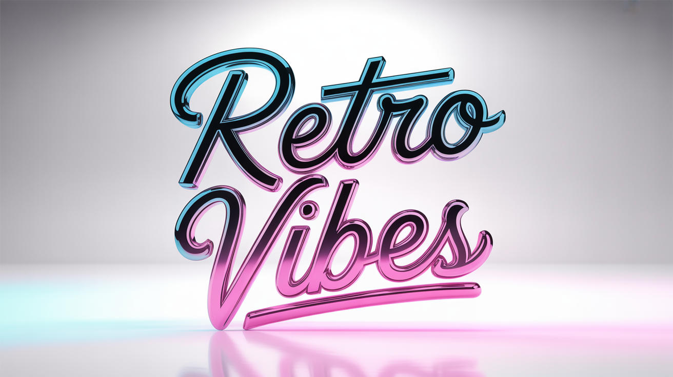A typographic mockup of the words 'RETRO VIBES' in a chrome, 80s-style script font with a bright blue and pink neon glow, isolated against a white background.