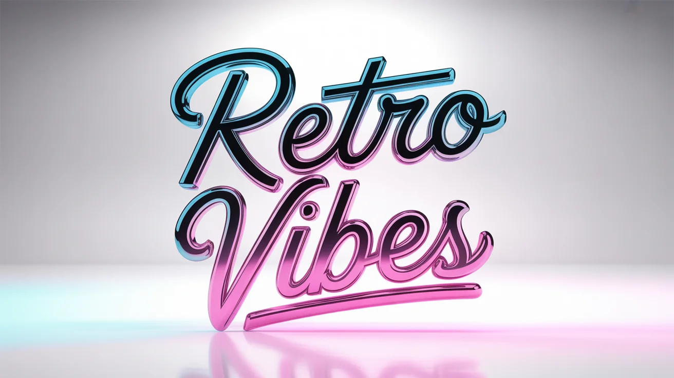 A typographic mockup of the words 'RETRO VIBES' in a chrome, 80s-style script font with a bright blue and pink neon glow, isolated against a white background.