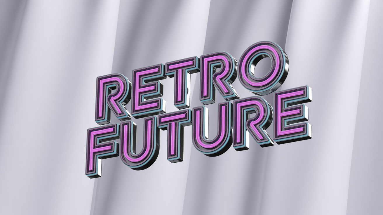 A 3D rendering of the words 'Retro Future' in a shiny chrome finish with a bright magenta and cyan neon glow, embodying an 80s retro synthwave style, isolated on a white background.