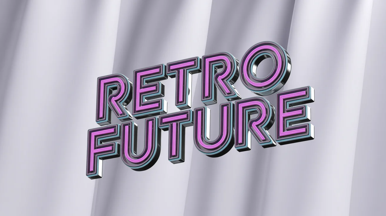 A 3D rendering of the words 'Retro Future' in a shiny chrome finish with a bright magenta and cyan neon glow, embodying an 80s retro synthwave style, isolated on a white background.