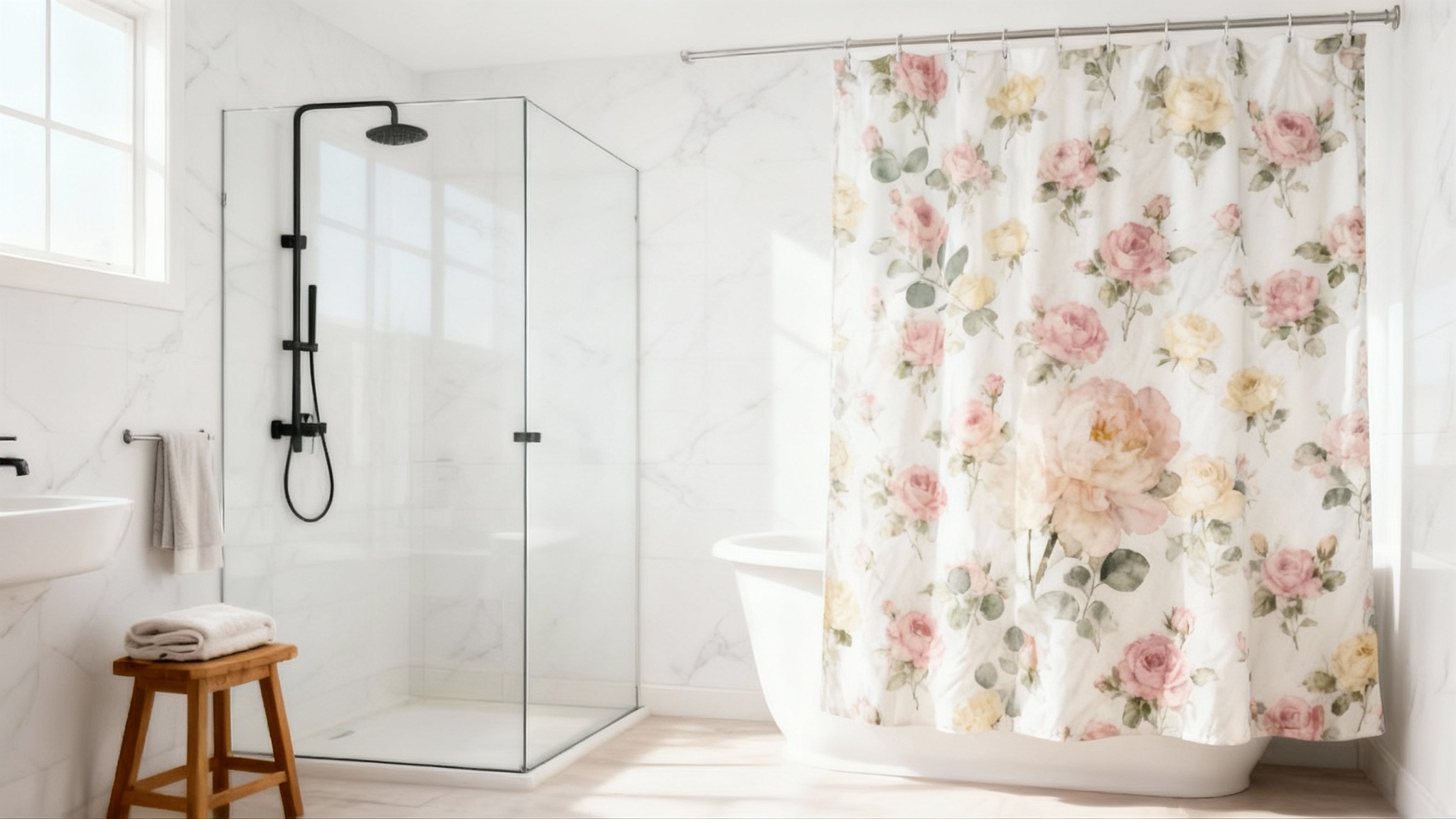 A high-end floral shower curtain with a modern watercolor peony design in dusty rose and sage green, shown in a bright, luxurious marble bathroom as a final product example.