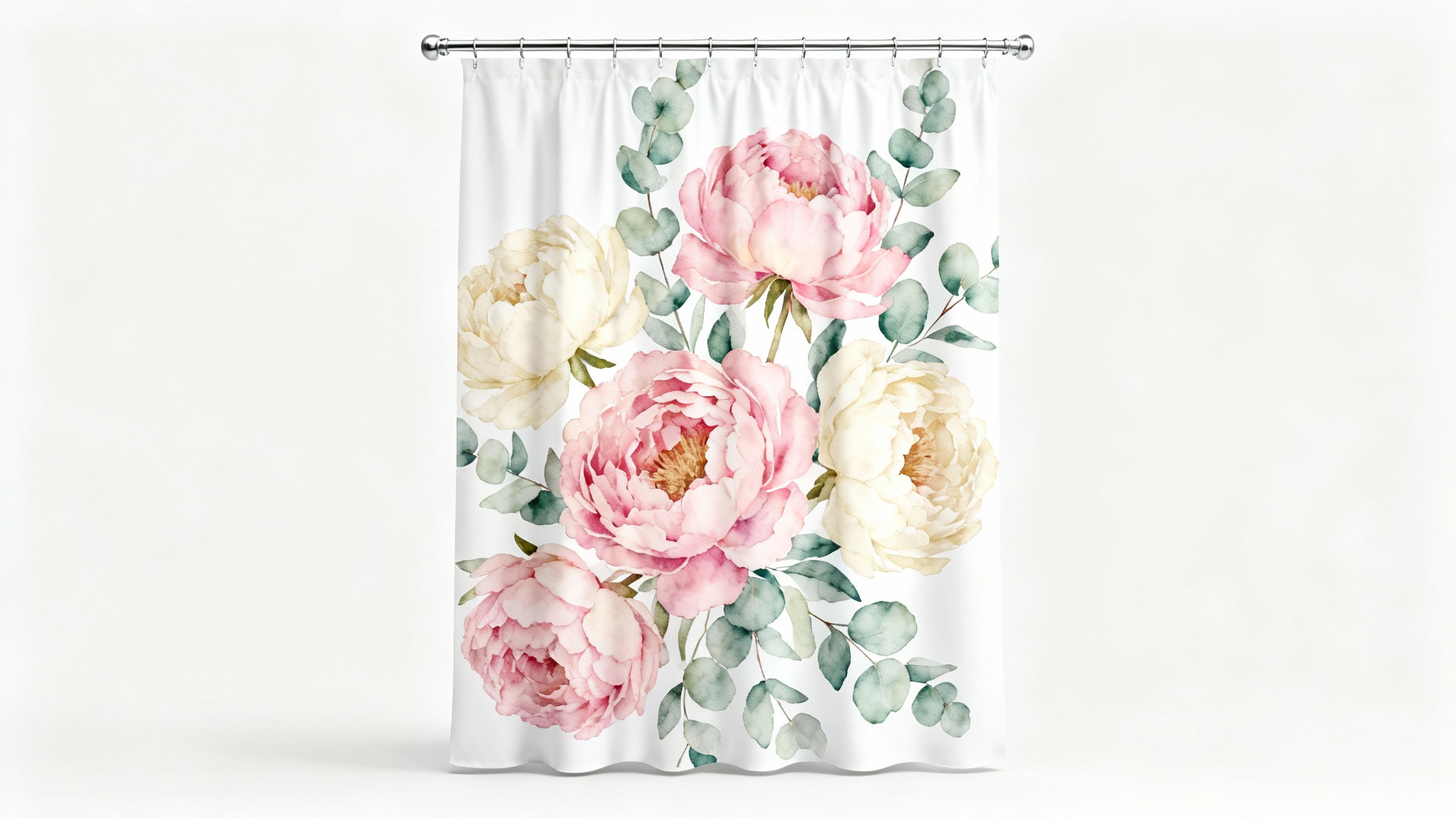 A product mockup of a modern fabric shower curtain with a beautiful watercolor floral pattern of pink peonies and green leaves, hanging against a plain white background.