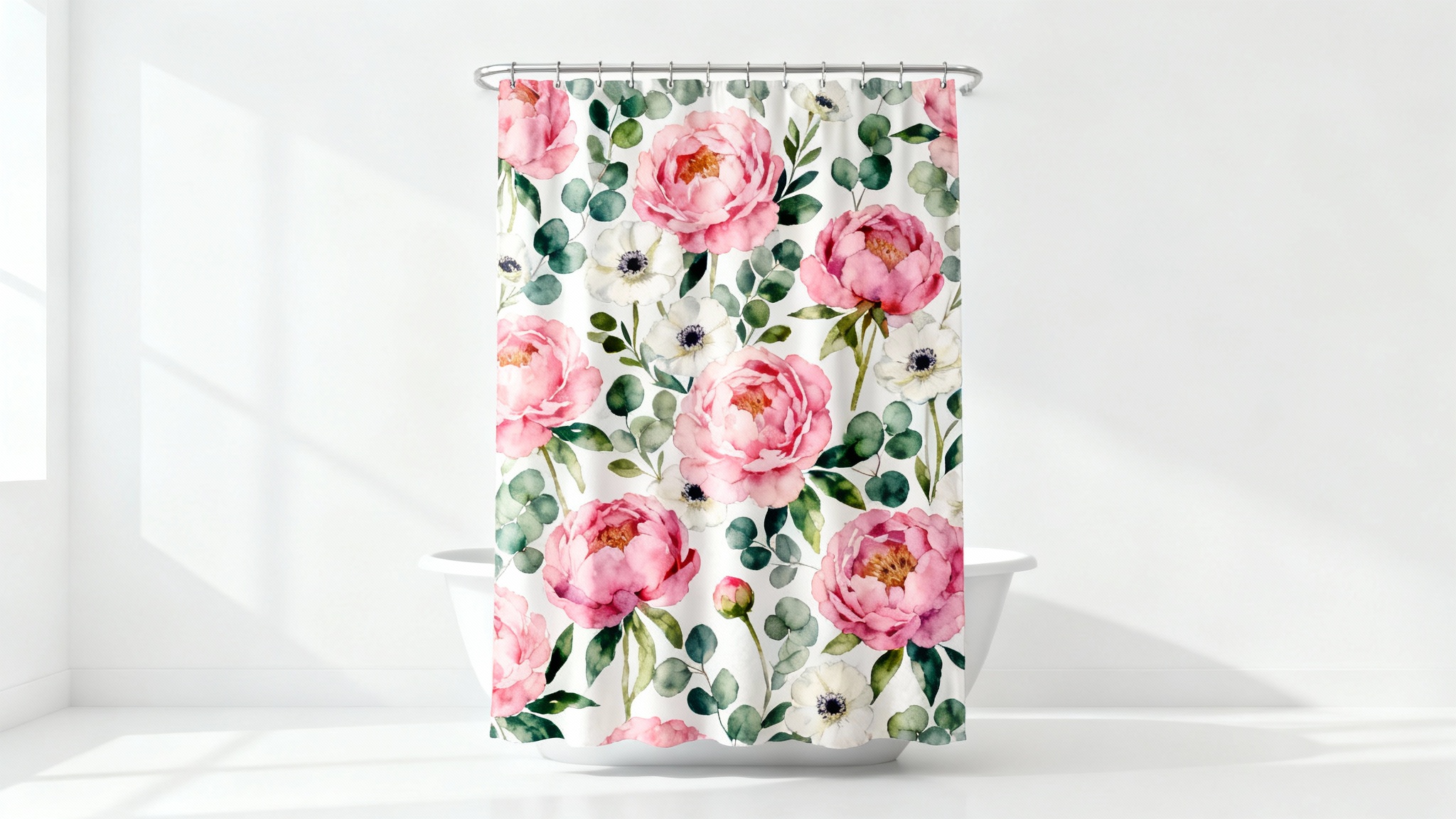 A photorealistic product mockup of a shower curtain with a beautiful watercolor floral pattern of pink and white flowers, hanging against a plain white background.