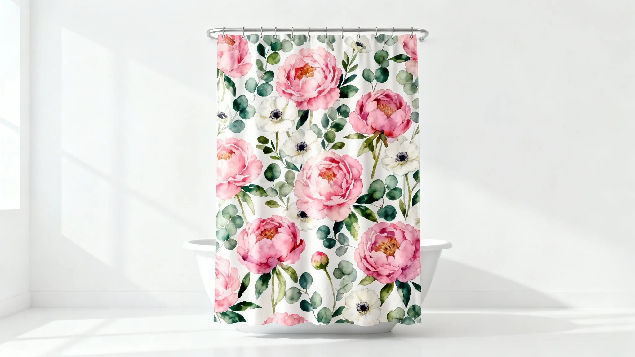 A photorealistic product mockup of a shower curtain with a beautiful watercolor floral pattern of pink and white flowers, hanging against a plain white background.