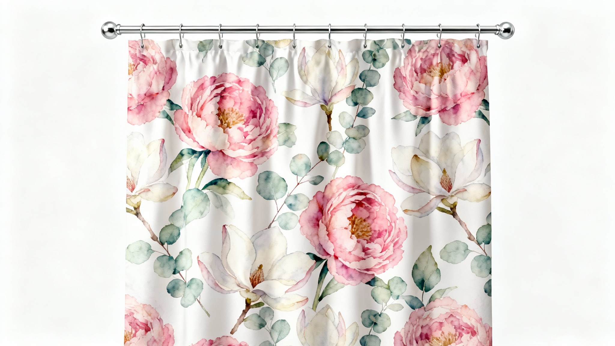 A photorealistic mockup of a shower curtain with an elegant watercolor floral pattern of pink and white flowers, hanging against a clean white background.