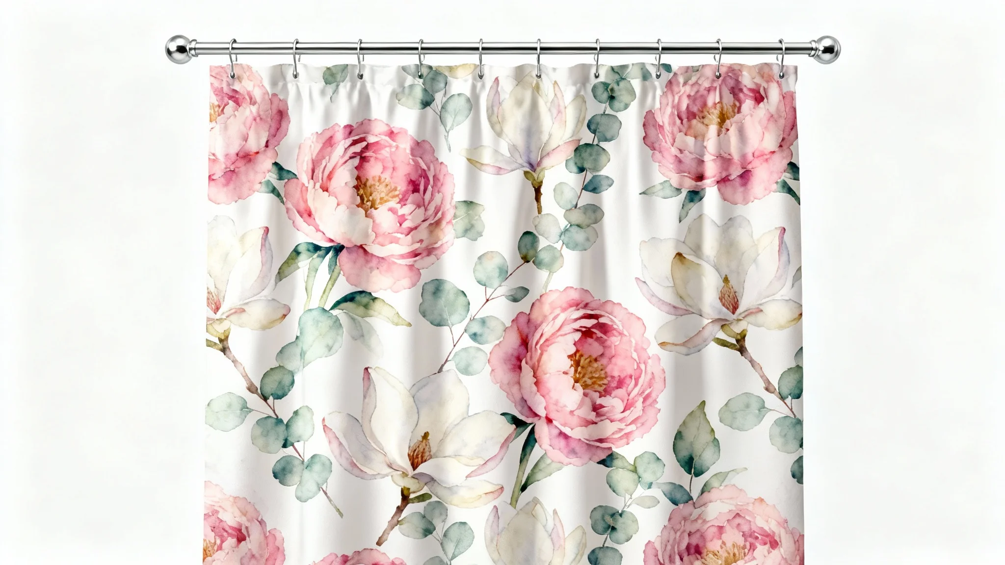 A photorealistic mockup of a shower curtain with an elegant watercolor floral pattern of pink and white flowers, hanging against a clean white background.