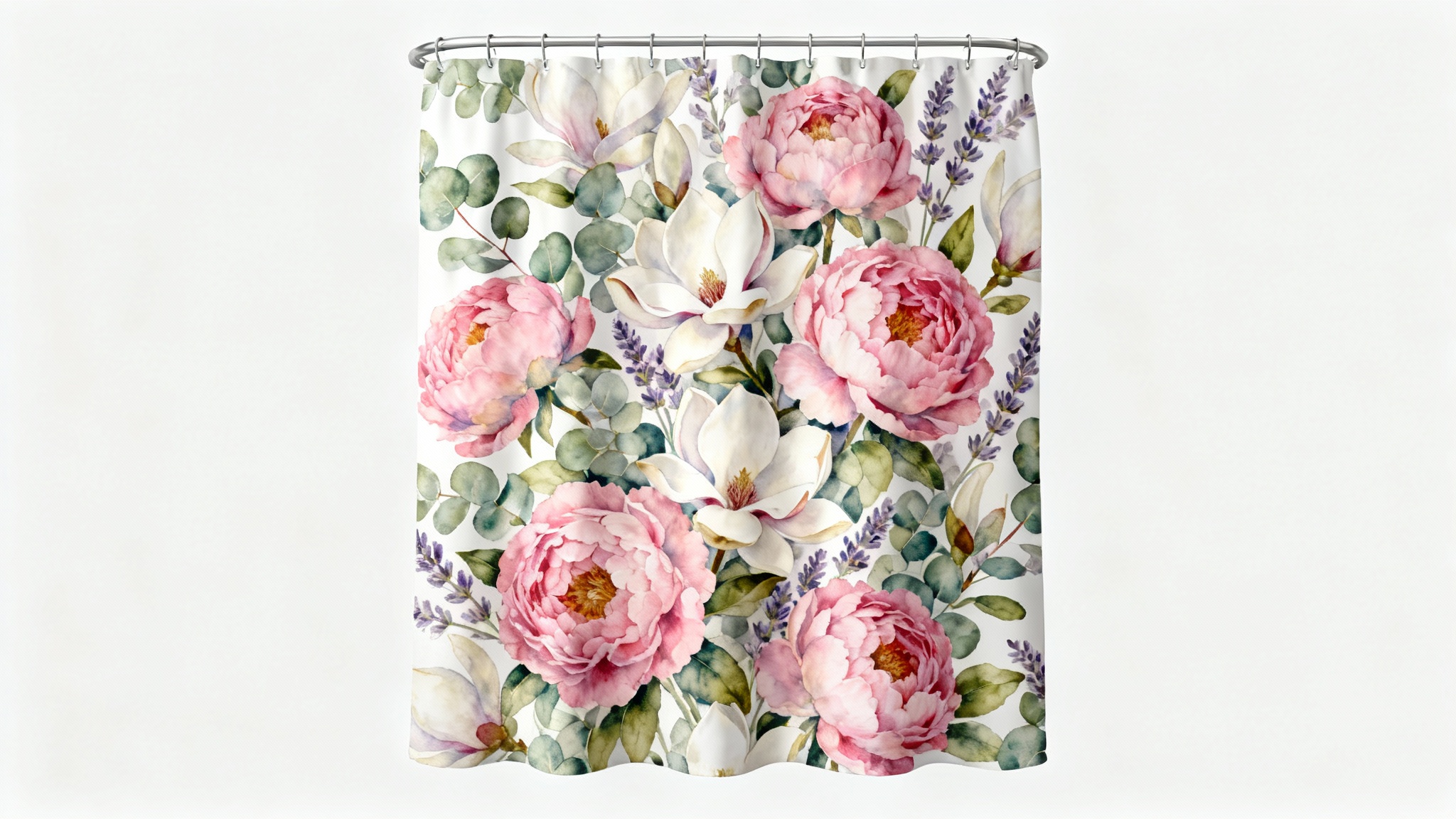 A photorealistic mockup of a fabric shower curtain with a vibrant and detailed floral pattern, featuring pink peonies and white magnolias, displayed against a clean white background.