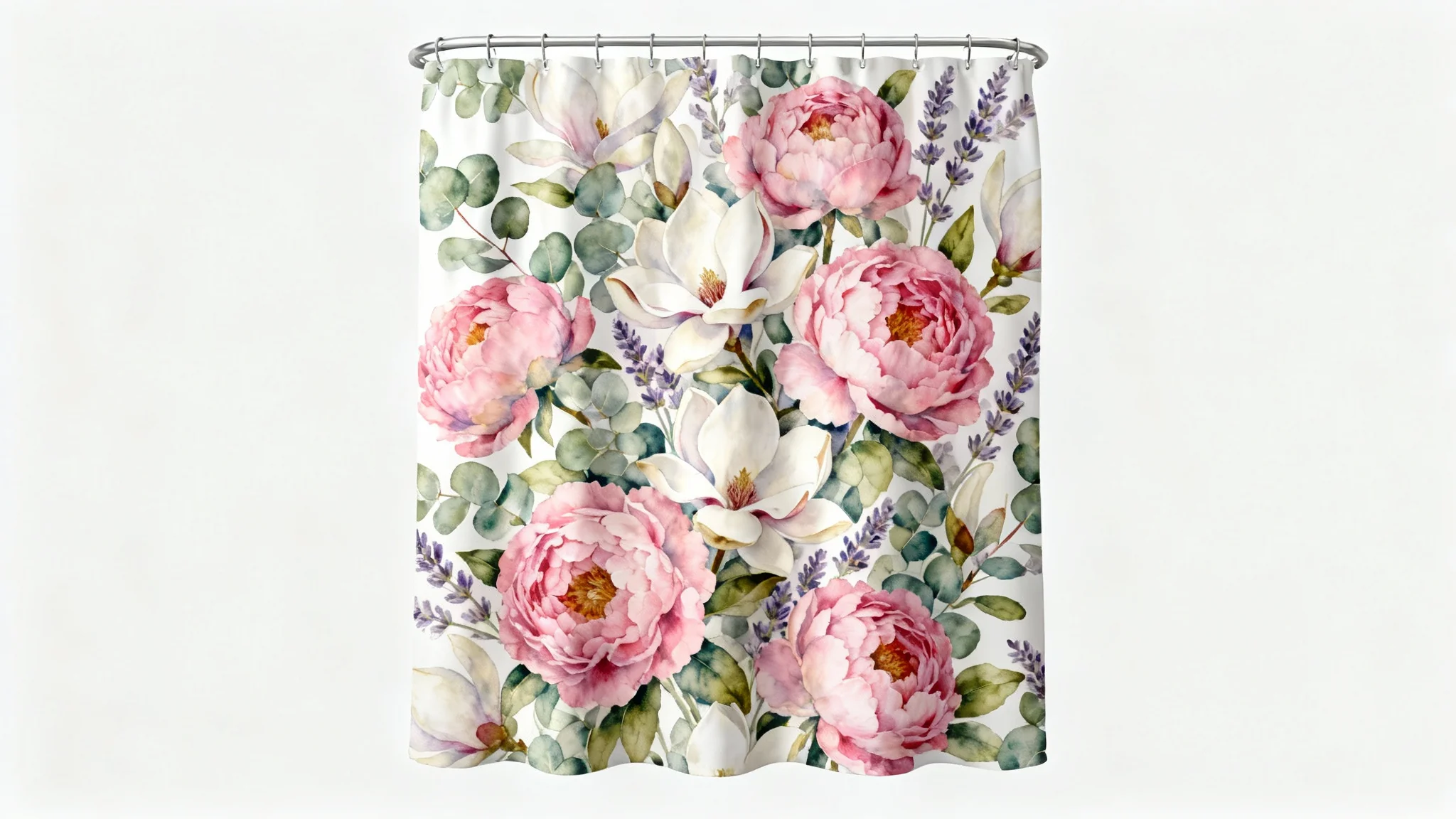 A photorealistic mockup of a fabric shower curtain with a vibrant and detailed floral pattern, featuring pink peonies and white magnolias, displayed against a clean white background.