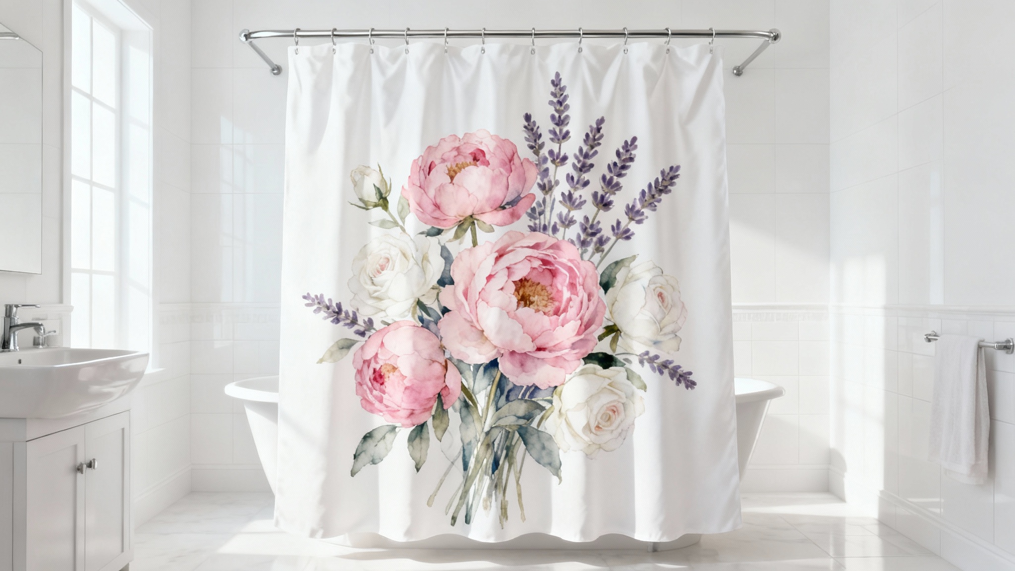 A modern, white bathroom featuring a shower curtain with a beautiful watercolor floral design of pink peonies and lavender, creating a serene and fresh atmosphere.
