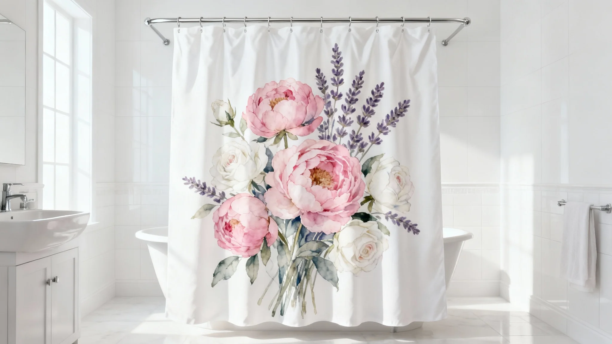 A modern, white bathroom featuring a shower curtain with a beautiful watercolor floral design of pink peonies and lavender, creating a serene and fresh atmosphere.