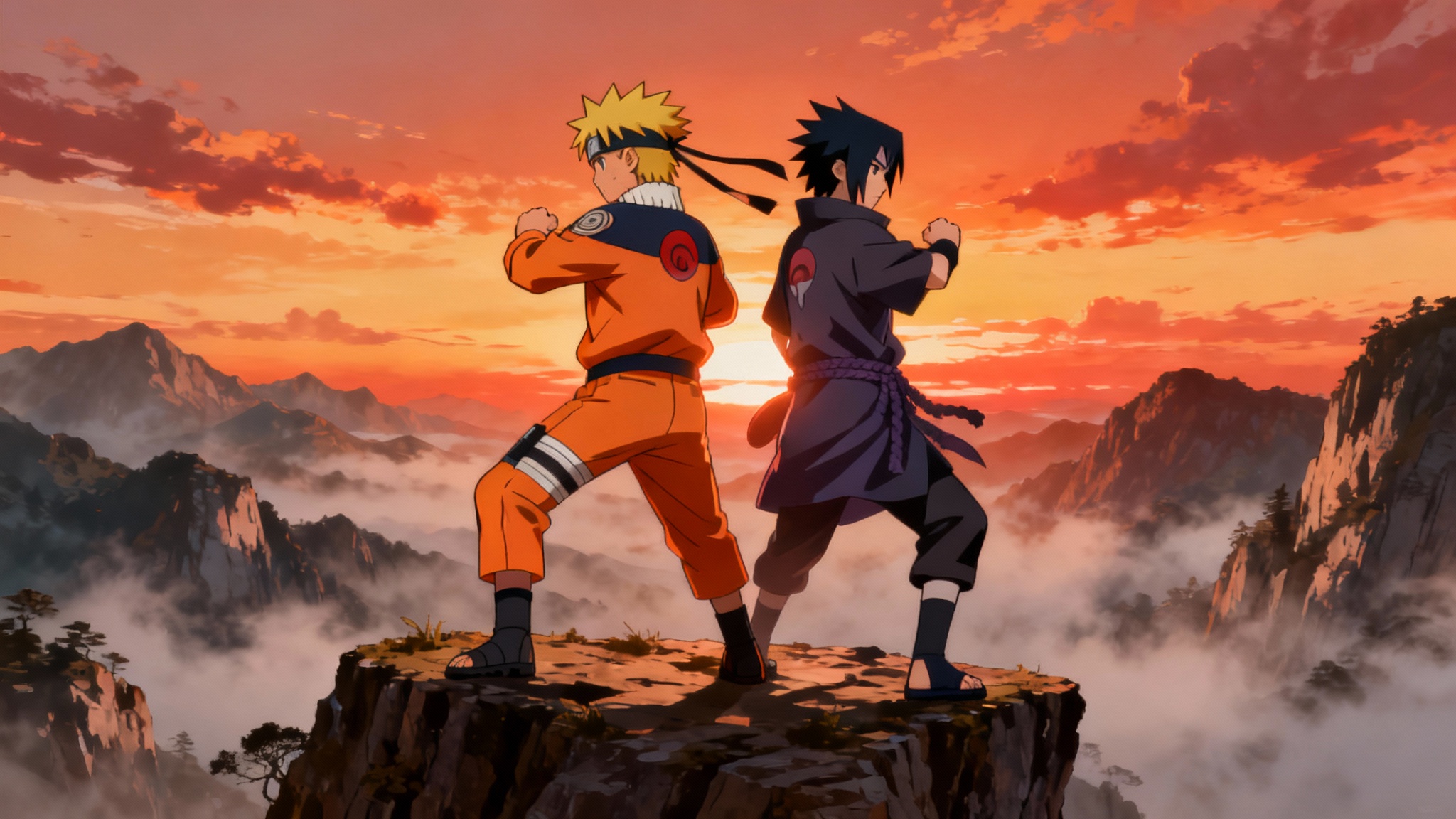 An ultrawide anime wallpaper showing Naruto and Sasuke standing back-to-back on a cliff edge, overlooking a mountain range at sunset, in a dramatic and epic art style.