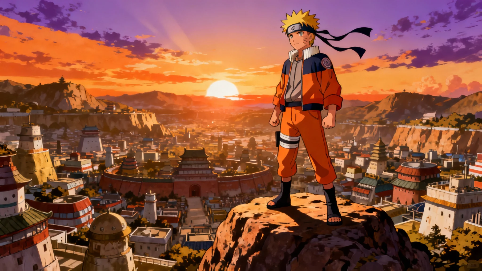 An ultrawide anime wallpaper showing Naruto Uzumaki standing on the Hokage Rock, gazing over the Hidden Leaf Village during a dramatic sunset.