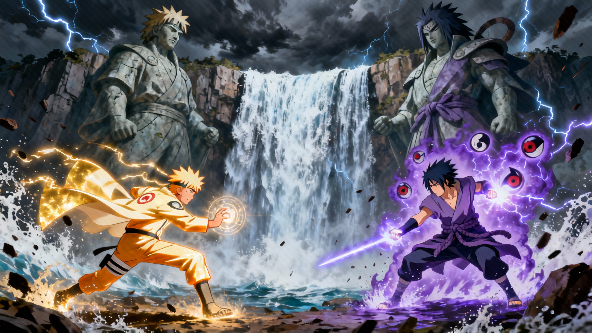 An epic ultrawide anime wallpaper showing a dynamic battle between Naruto in Sage Mode and Sasuke with his Susanoo at the Valley of the End.