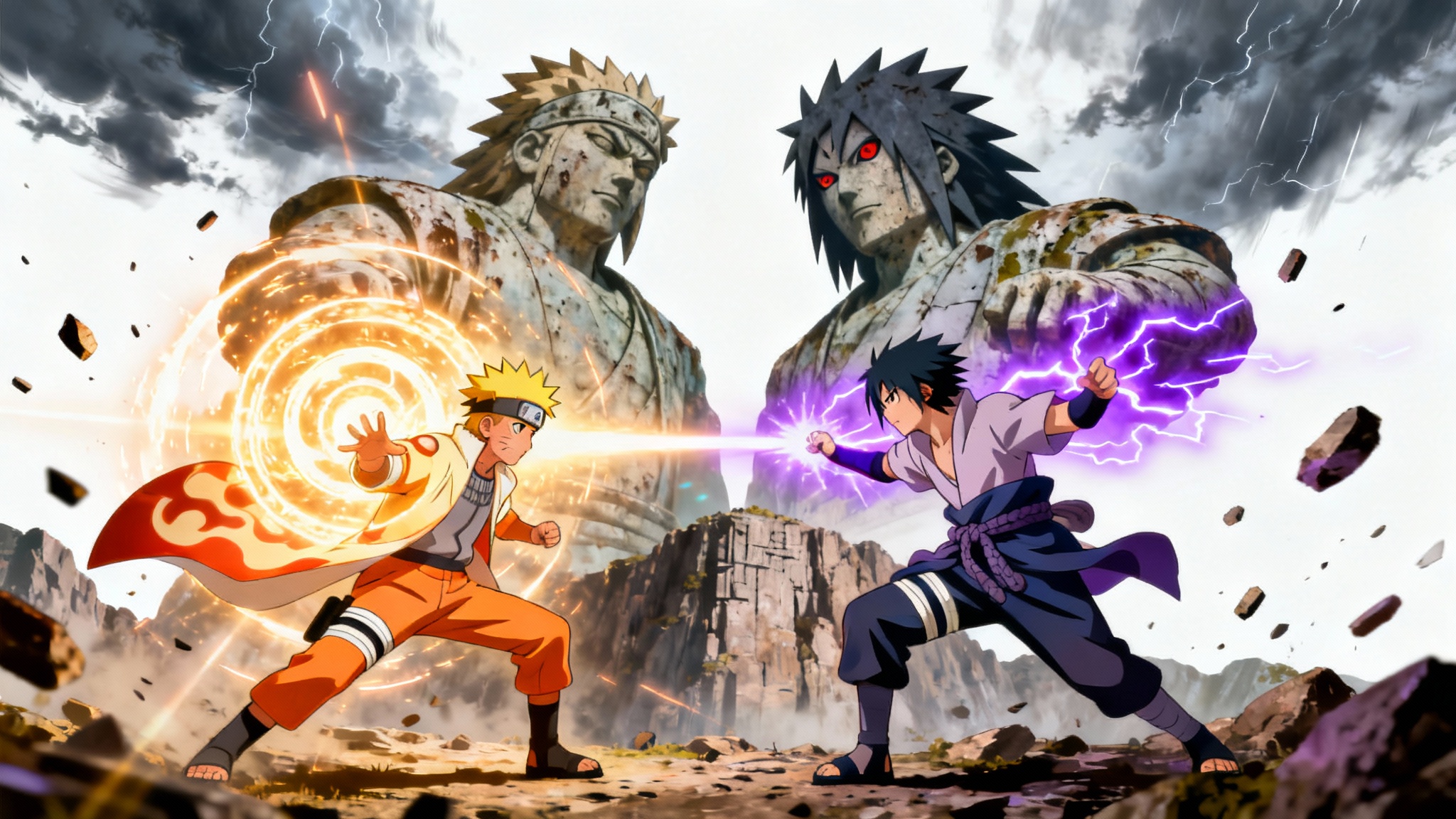 An epic ultrawide anime wallpaper showing Naruto Uzumaki and Sasuke Uchiha in a climatic battle at the Valley of the End, showcasing their powerful abilities.