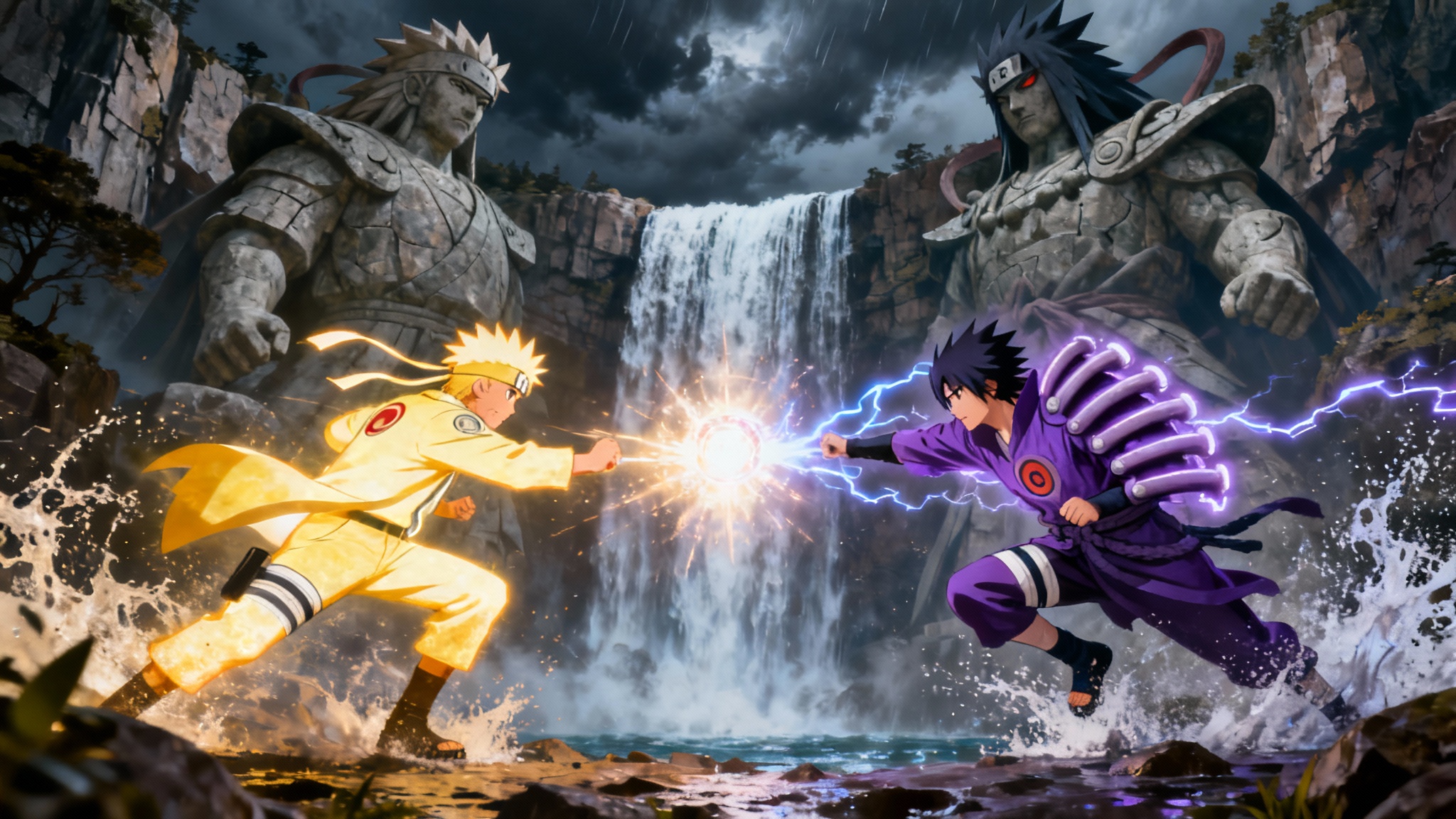 An epic ultrawide wallpaper depicting a dynamic battle between Naruto Uzumaki and Sasuke Uchiha in the Final Valley, with their signature attacks clashing in the center.