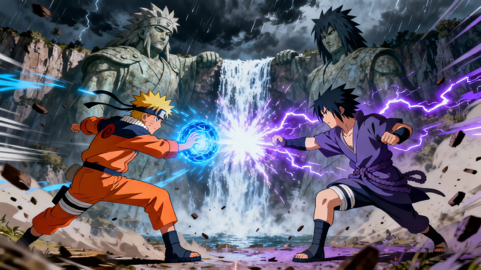 An ultrawide anime wallpaper depicting a dramatic battle between Naruto Uzumaki and Sasuke Uchiha at the Valley of the End, with their Rasengan and Chidori about to collide.