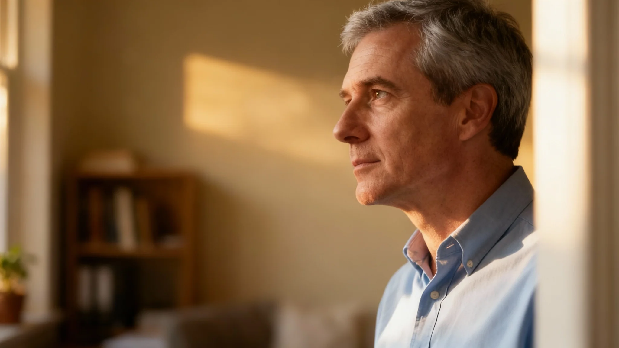 A professionally shot portrait of a middle-aged man perfectly composed using the rule of thirds. He is on the right side of the 16:9 frame, looking left, with soft window lighting and a blurred room in the background.