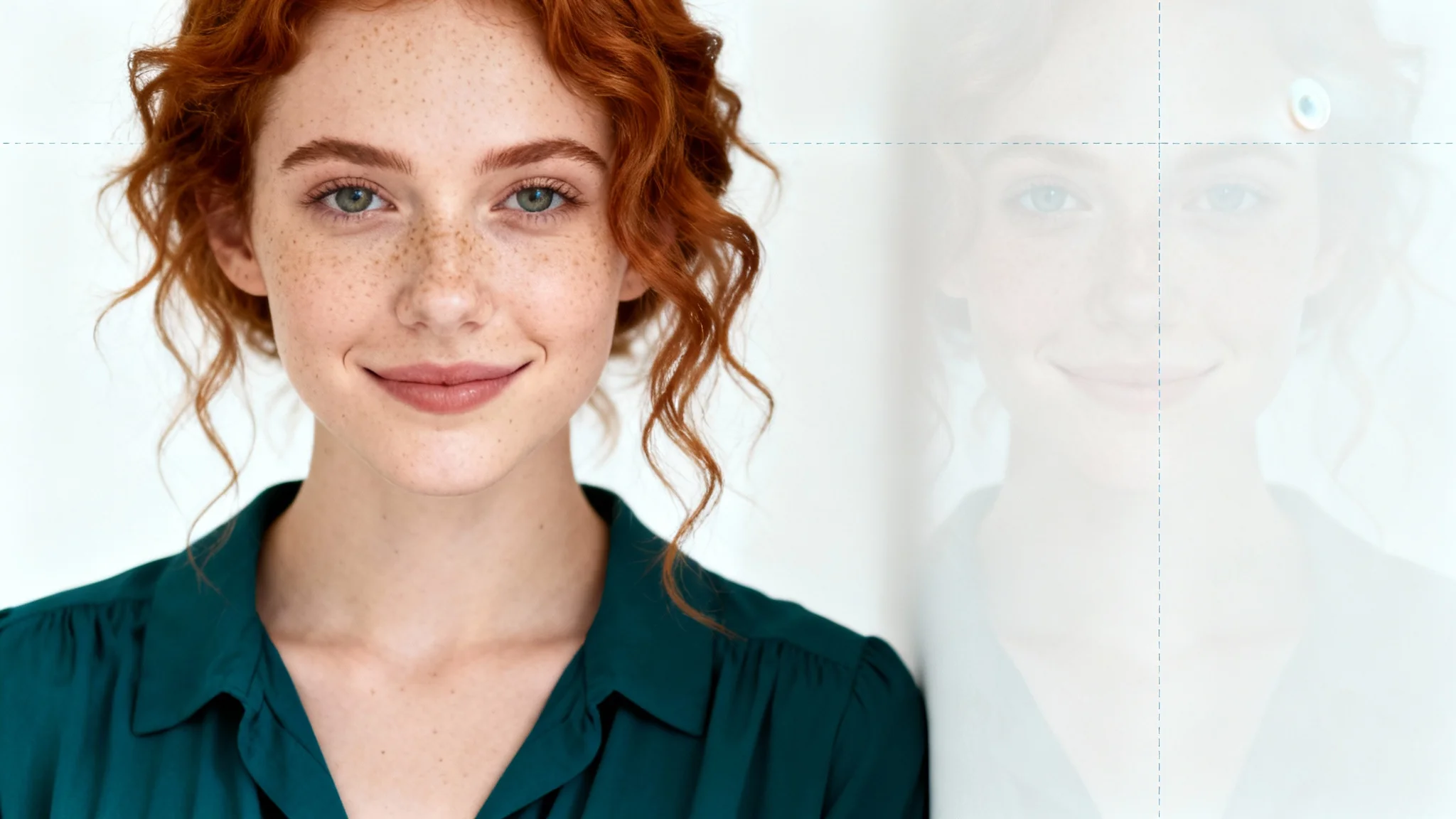 A photorealistic portrait of a woman demonstrating the rule of thirds composition, where she is positioned off-center against a plain white background, looking at the camera.