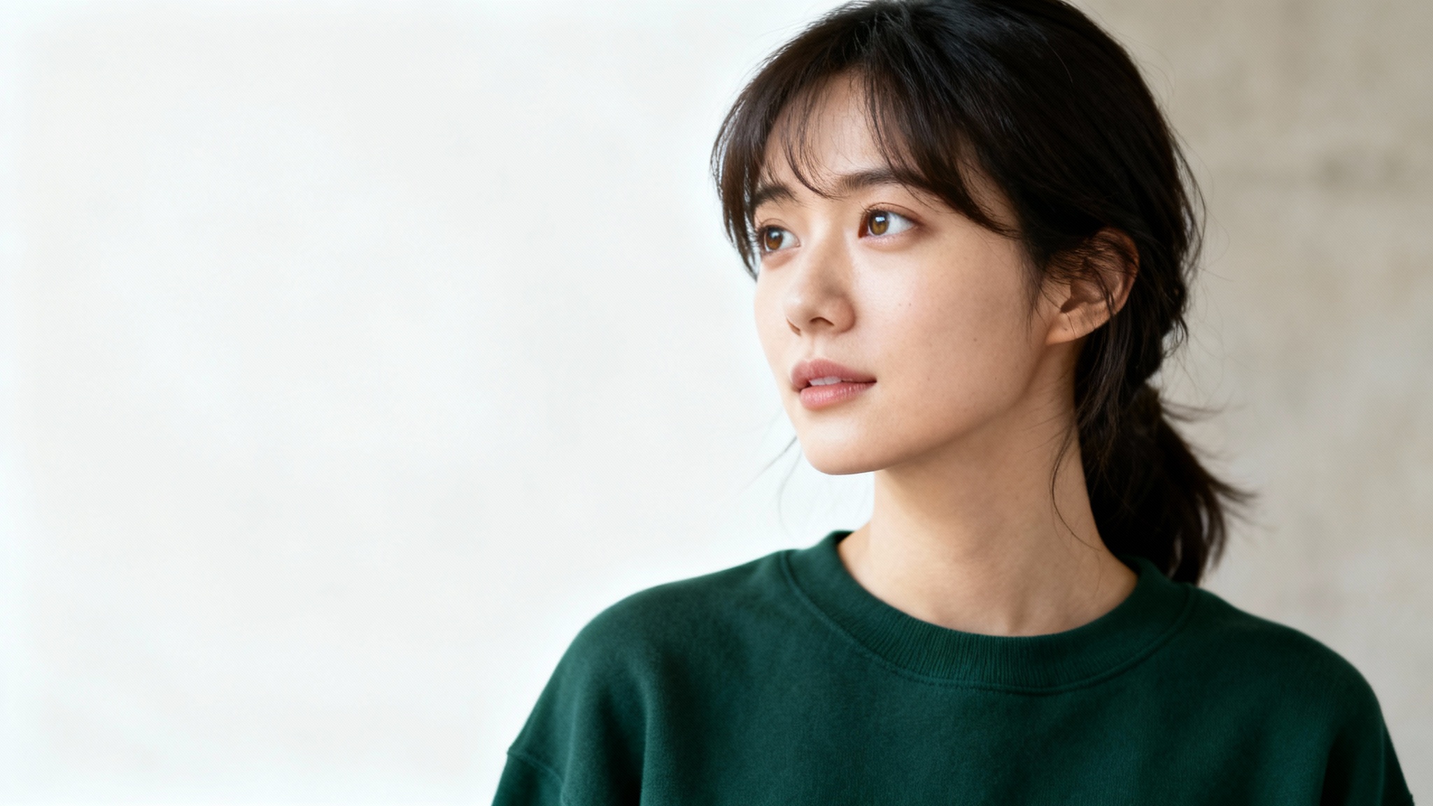 A professional portrait of a woman, composed using the rule of thirds, with her positioned on the right side of the frame and her eyes aligned with the top grid line.