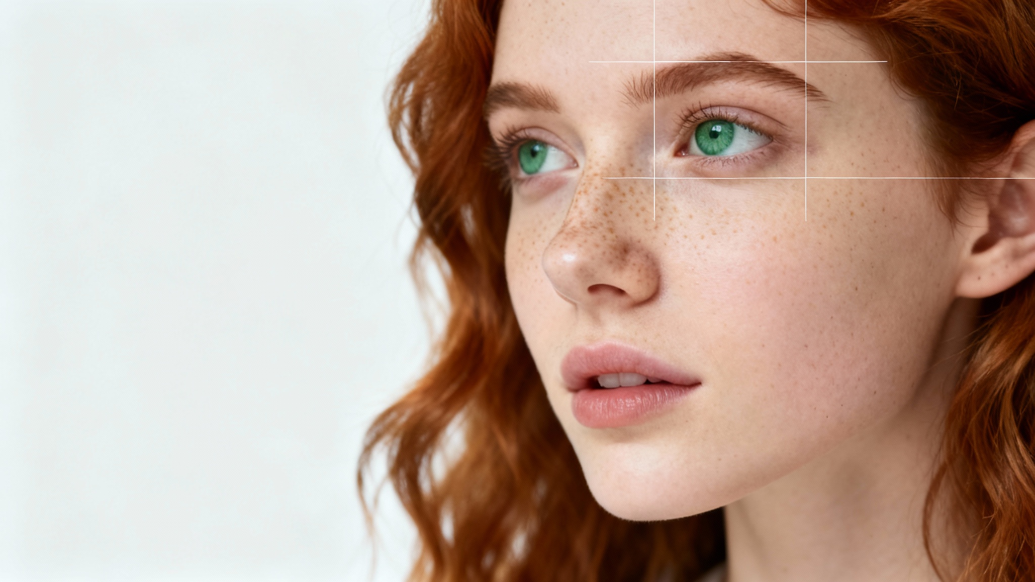 A professional studio portrait of a young woman with wavy auburn hair, composed using the rule of thirds, set against a plain white background.
