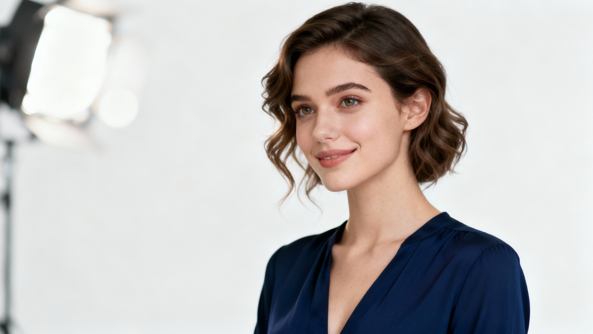 A professional studio portrait of a woman, elegantly composed using the rule of thirds, set against a clean white background.