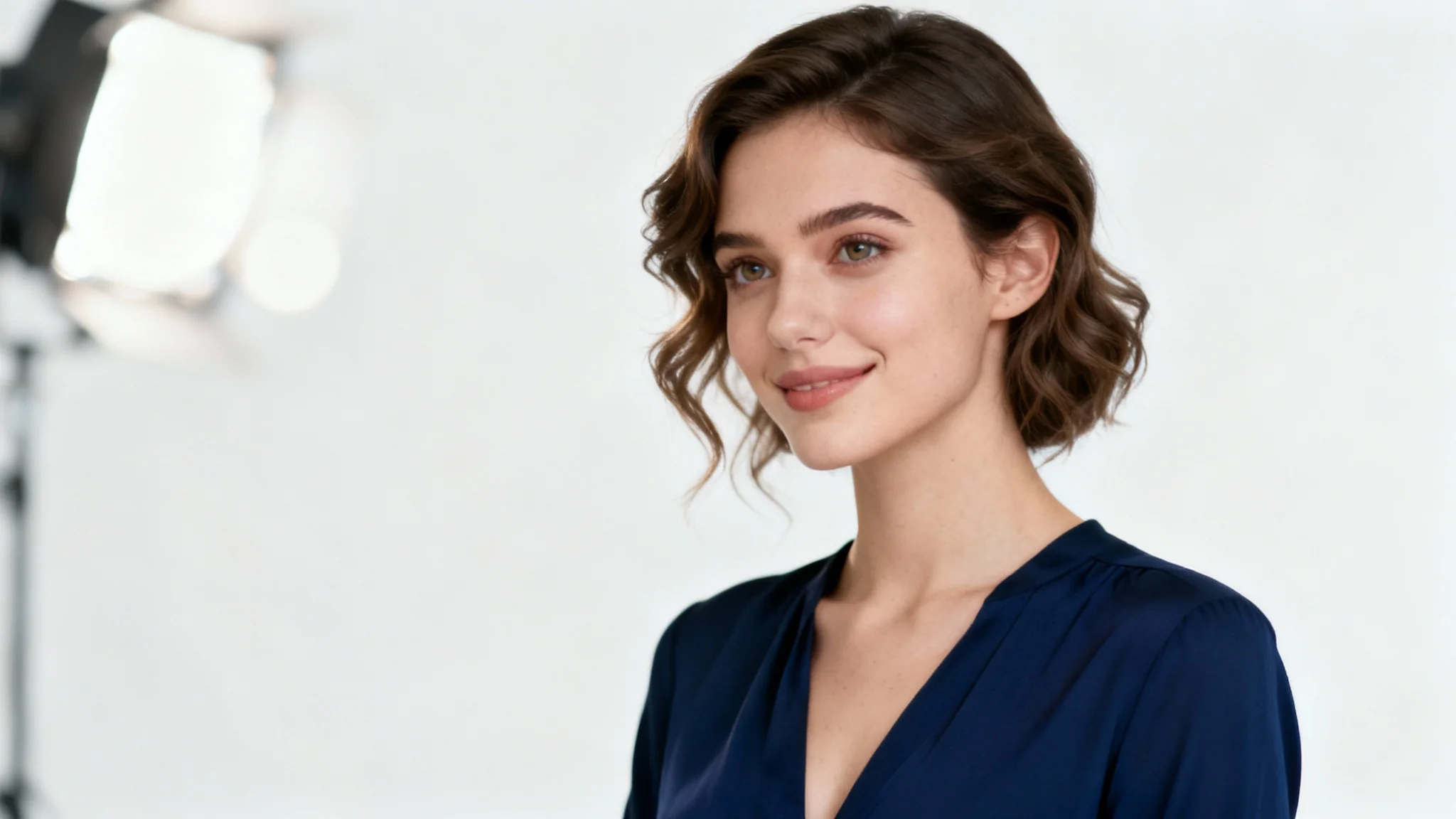 A professional studio portrait of a woman, elegantly composed using the rule of thirds, set against a clean white background.