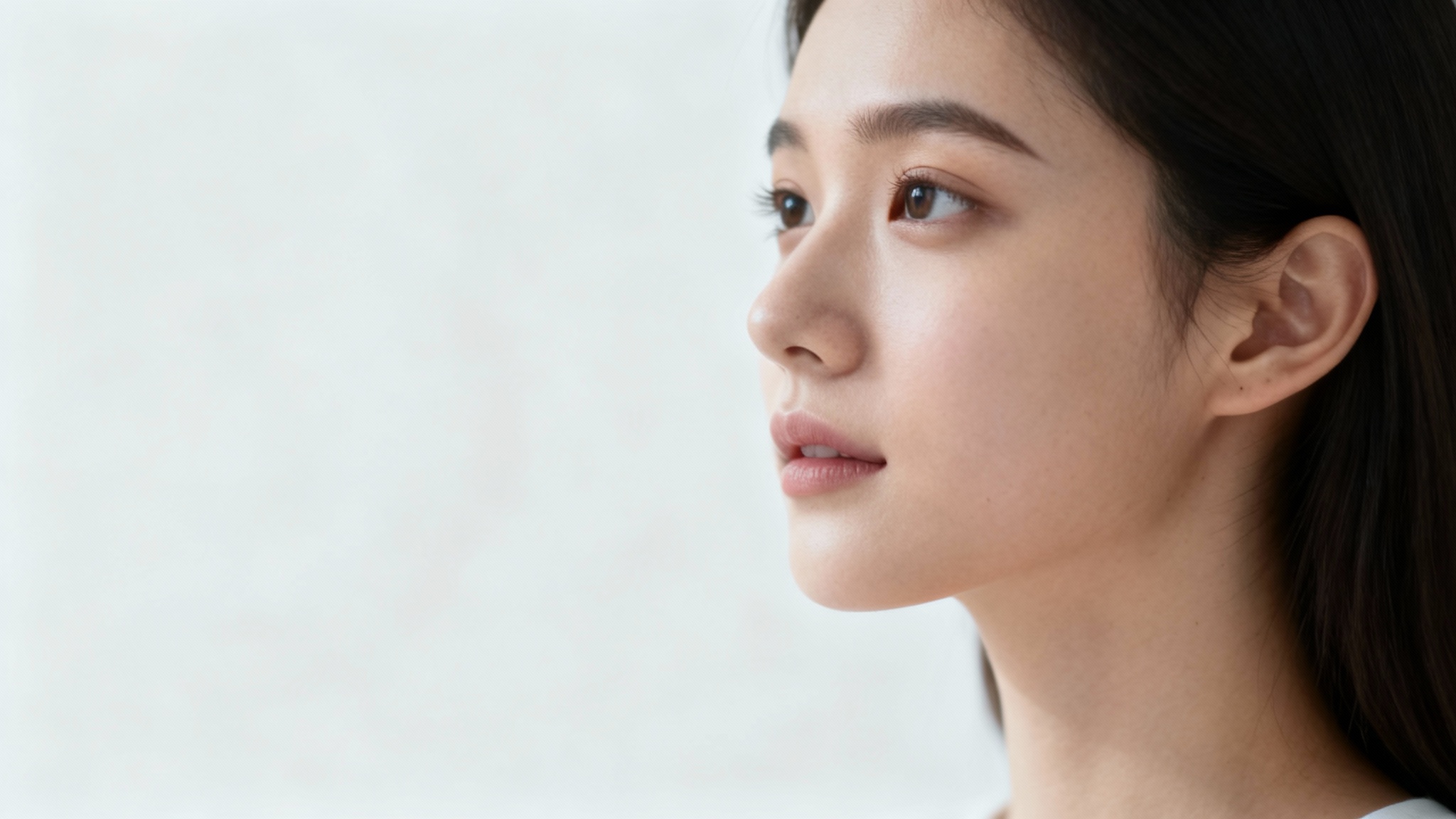 A photorealistic portrait of a young woman demonstrating the rule of thirds. She is positioned off-center against a plain gray background, creating a balanced and visually appealing composition.