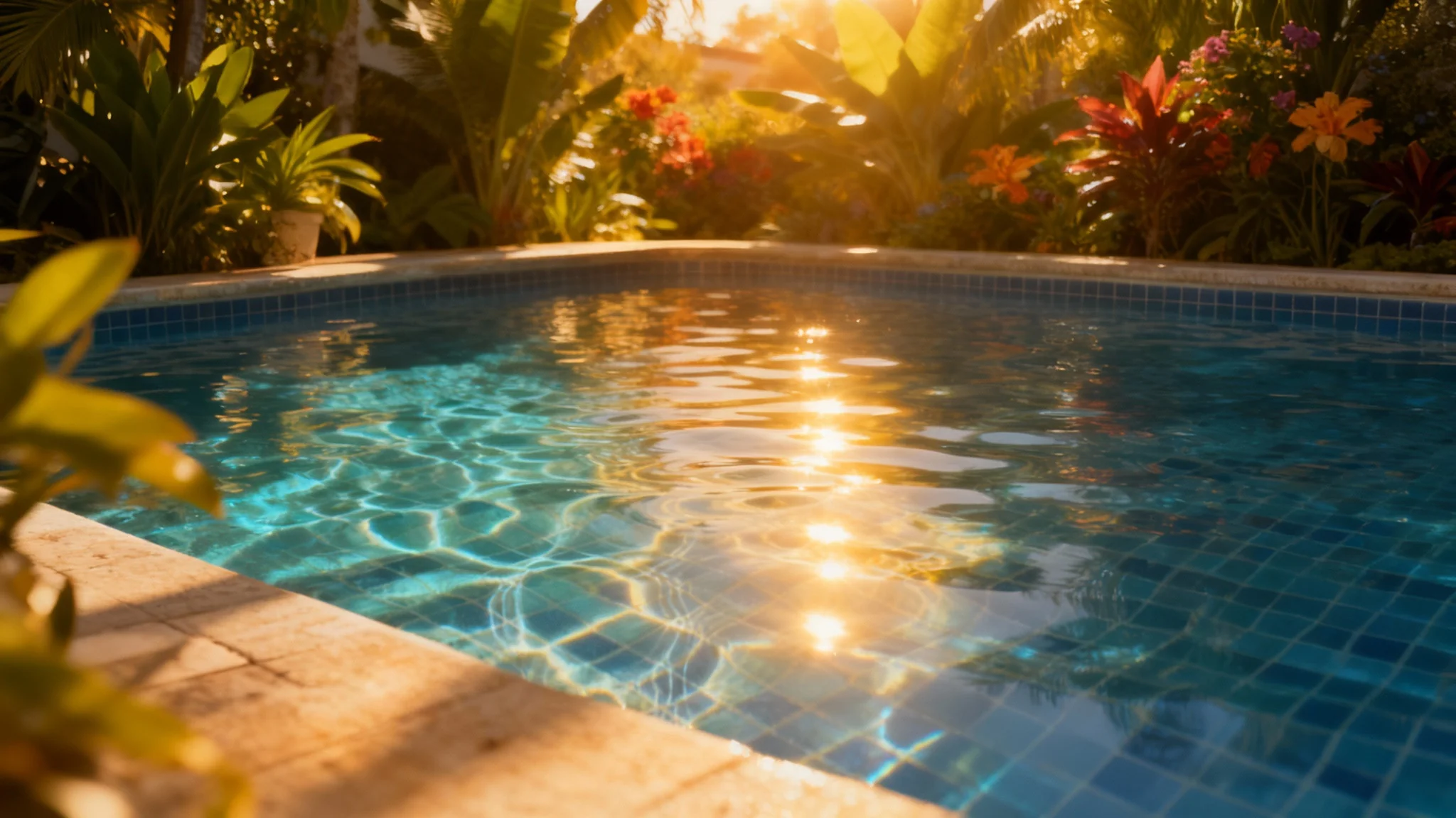 An eye-catching image of a tranquil swimming pool with a vibrant, artistic overlay of water caustics, creating a magical and shimmering light effect across the scene.