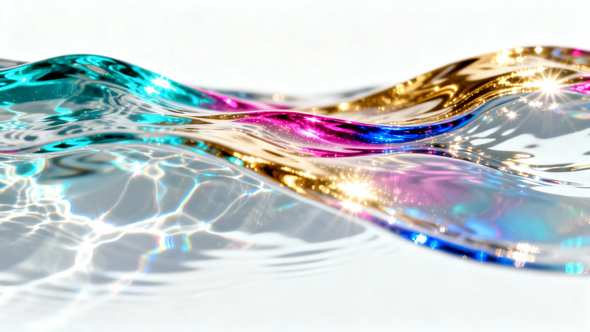 A vibrant and shimmering caustics overlay, showing iridescent, rainbow-colored light patterns like those at the bottom of a swimming pool, isolated on a clean white background.