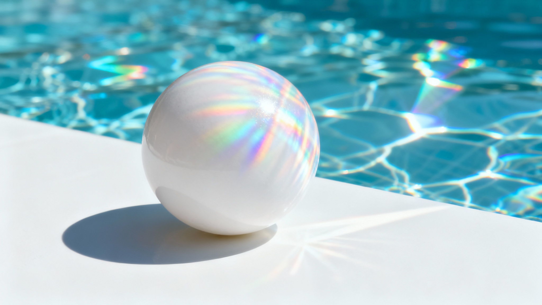 A photorealistic mockup of a white sphere on a white background, with a vibrant, shimmering rainbow-colored caustics overlay projected onto it, creating intricate patterns of light.