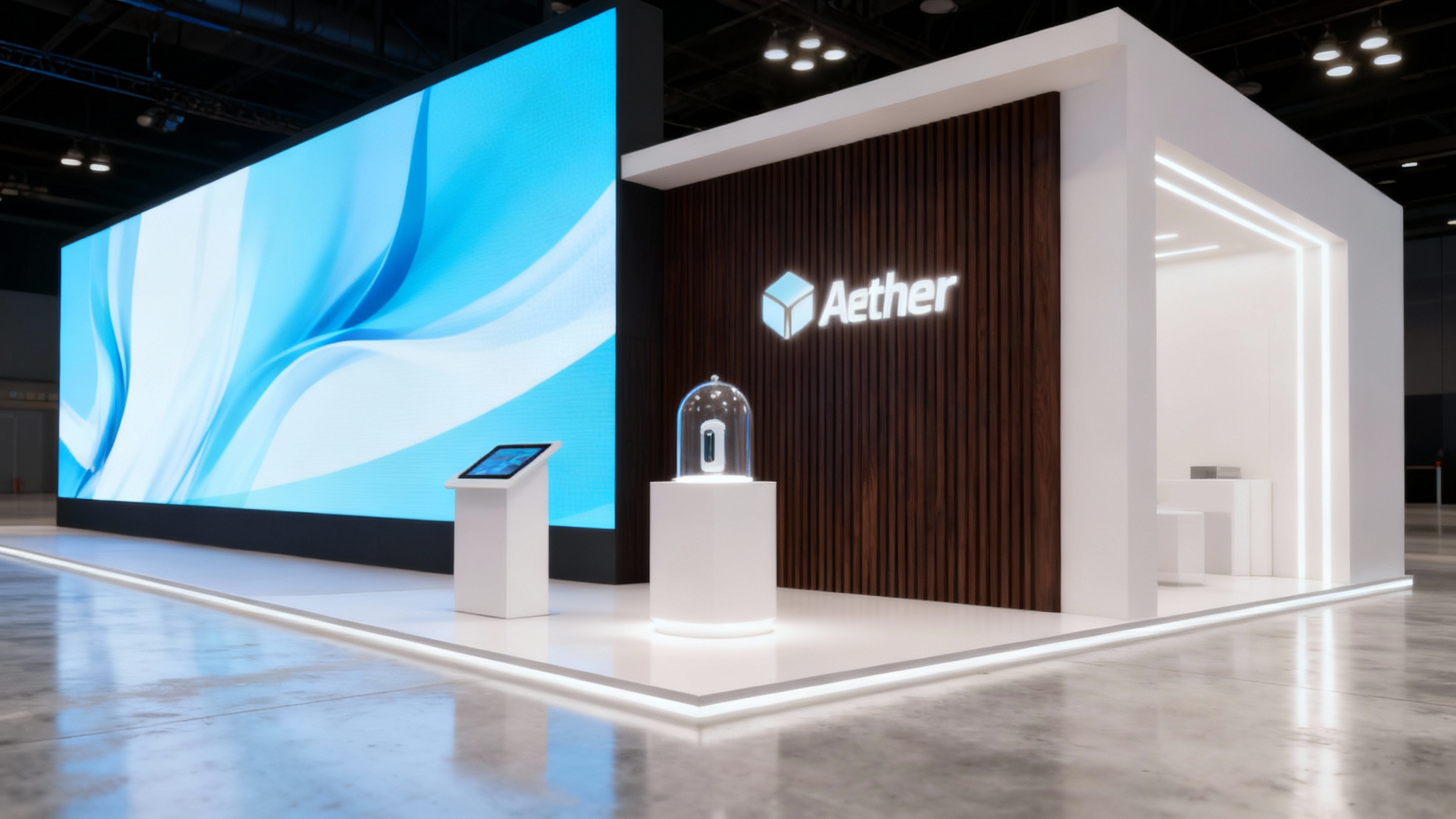 A photorealistic render of a modern, high-tech trade show booth design. The booth features a large LED screen backdrop, a minimalist structure with wood accents, and a single product displayed on an illuminated pedestal. The logo for the fictional brand 'Aether' is visible.