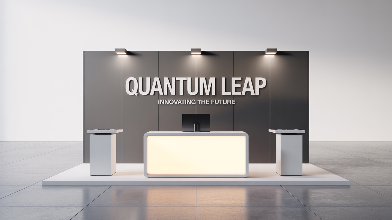A 3D mockup of a modern, minimalist trade show booth for a fictional company named 'Quantum Leap', featuring a dark gray back wall, a white reception desk, and product pedestals, all set against a clean white background.