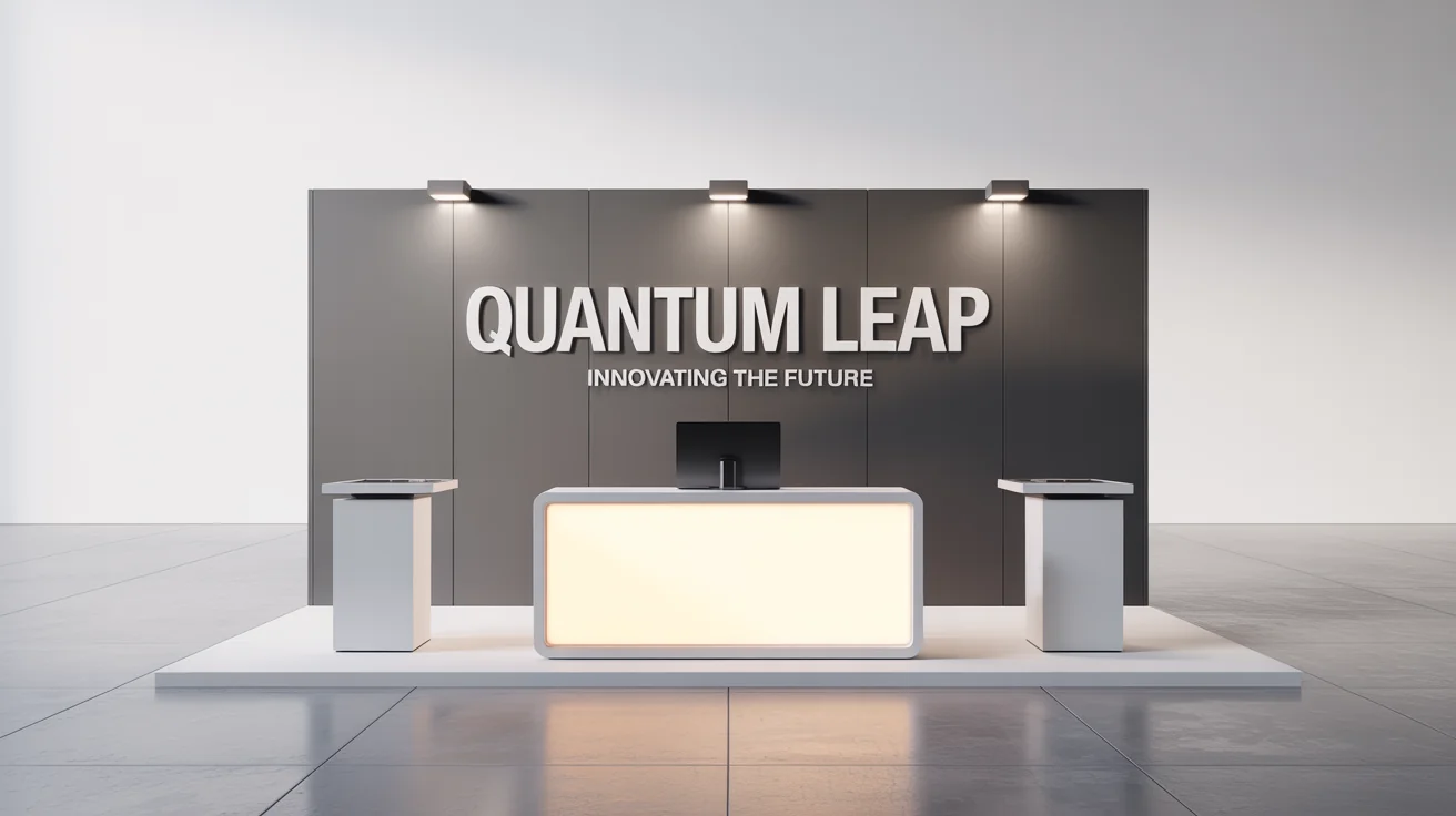 A 3D mockup of a modern, minimalist trade show booth for a fictional company named 'Quantum Leap', featuring a dark gray back wall, a white reception desk, and product pedestals, all set against a clean white background.