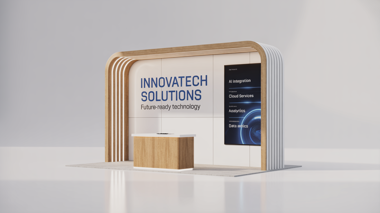 A modern trade show booth for the company 'Innovatech Solutions', featuring a curved back wall, a reception desk, and integrated LED lighting, displayed as a mockup on a plain white background.