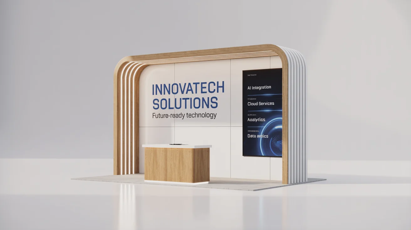 A modern trade show booth for the company 'Innovatech Solutions', featuring a curved back wall, a reception desk, and integrated LED lighting, displayed as a mockup on a plain white background.