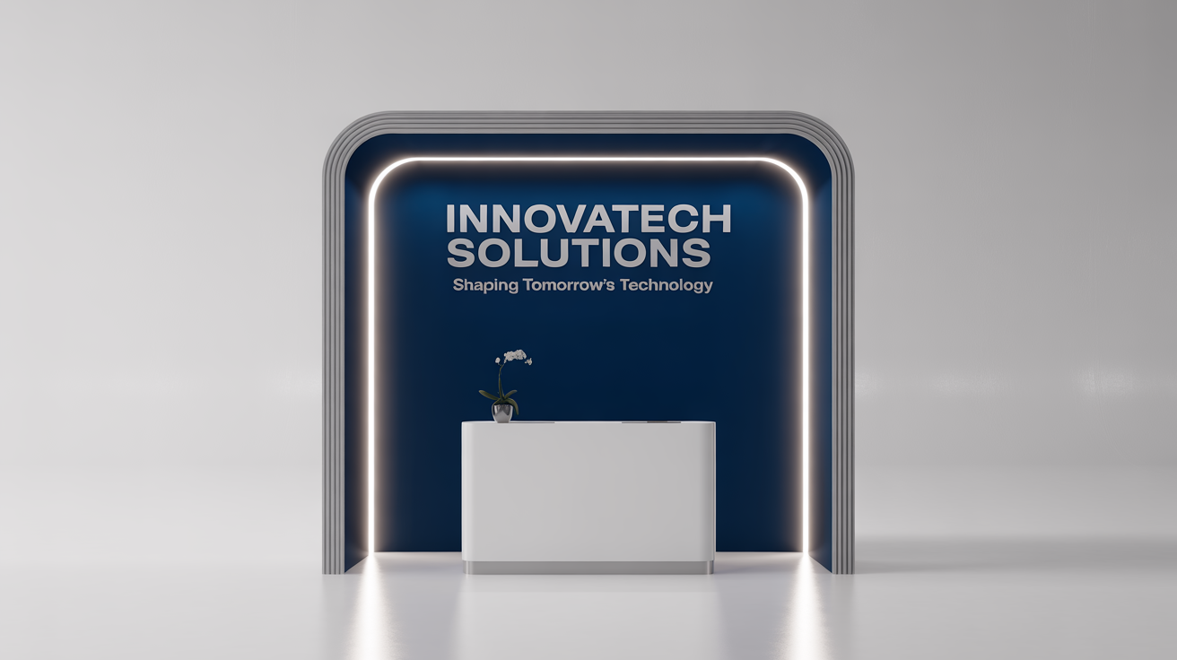 A modern and professional trade show booth for 'Innovatech Solutions', shown against a clean white background. The booth features a blue and silver design with a reception desk.