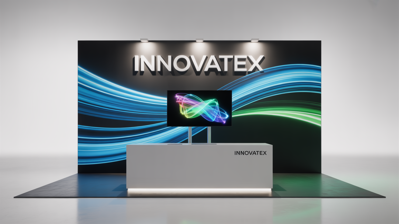 A modern and sleek trade show booth for the brand 'InnovateX', featuring a large graphic back wall, a white counter, and a digital screen, presented as a mockup on a white background.