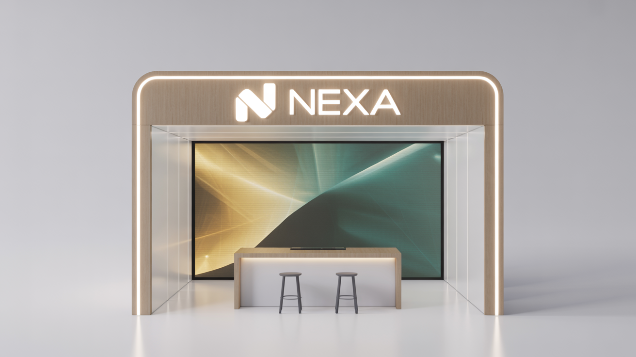 A 3D render of a modern, professional trade show booth for a brand named 'NEXA', featuring a large LED screen, light wood panels, and a minimalist reception desk, all set against a clean white background.