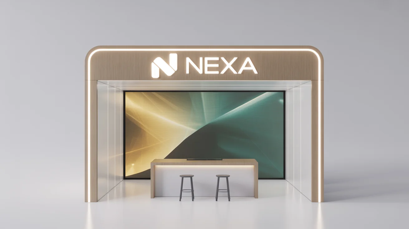 A 3D render of a modern, professional trade show booth for a brand named 'NEXA', featuring a large LED screen, light wood panels, and a minimalist reception desk, all set against a clean white background.